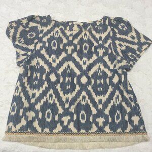 Weston Womens Small Short Sleeve Blue/Ivory Aztec Denim Fringe Hem Top Blouse